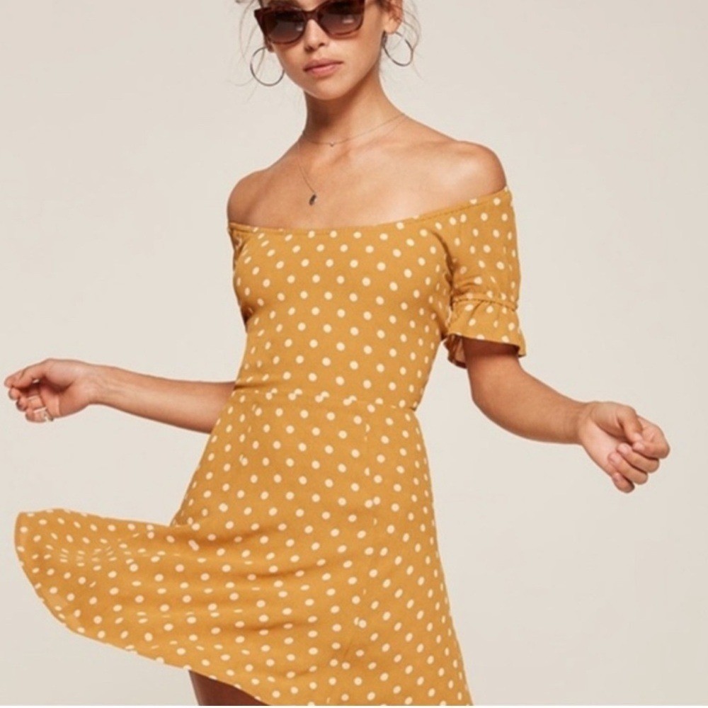 Reformation Polka Dot Mini Dress Mustard Yellow Puff Sleeve Smocked Waist size 0