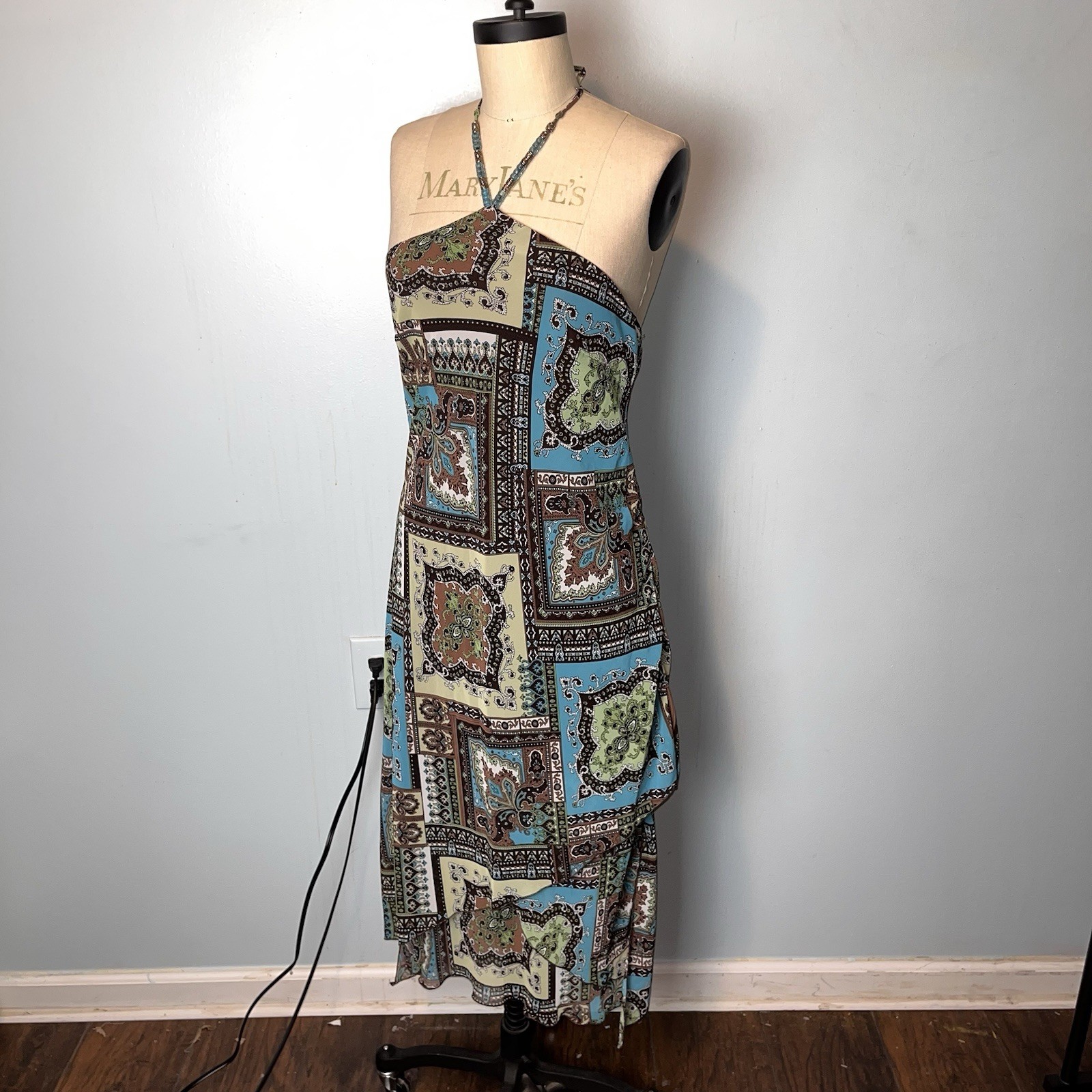 Vtg Y2K Paisley Patchwork Blue Brown Whimsy Fairy Halter Dress Asymmetric Hem 10