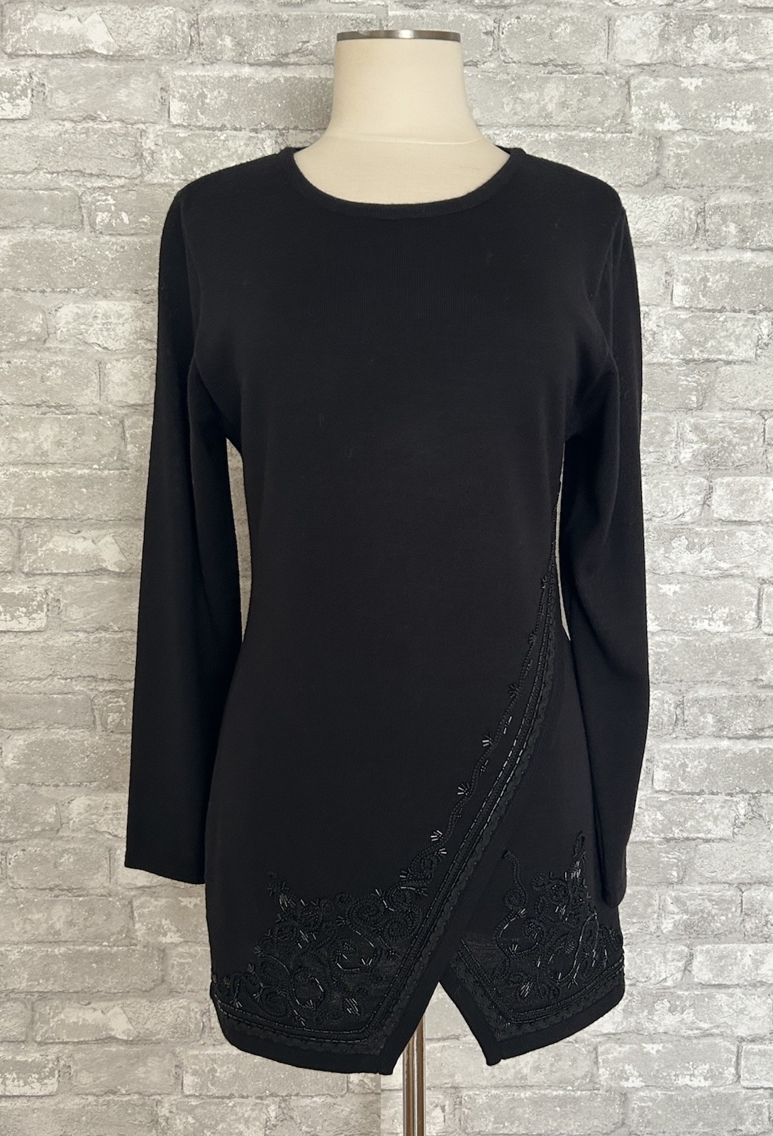 Carole Little M Vtg Black 2 Piece Skirt Set Beaded Asymmmetrical Overlap Sweater
