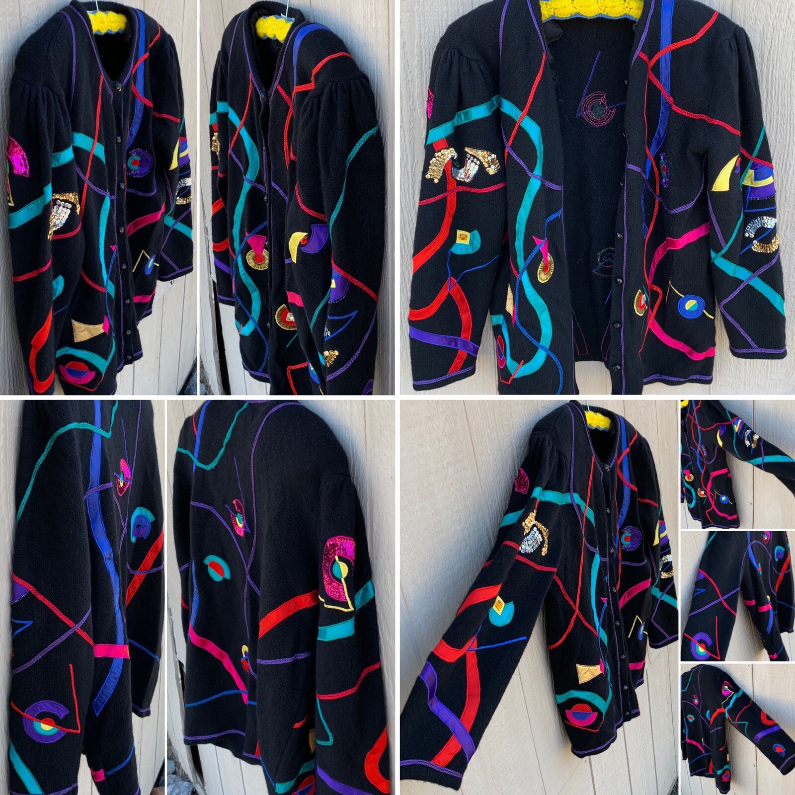 Vintage Magnolia Cardigan Sweater 80s 90s 1980s Geometric M Puffy Shoulders