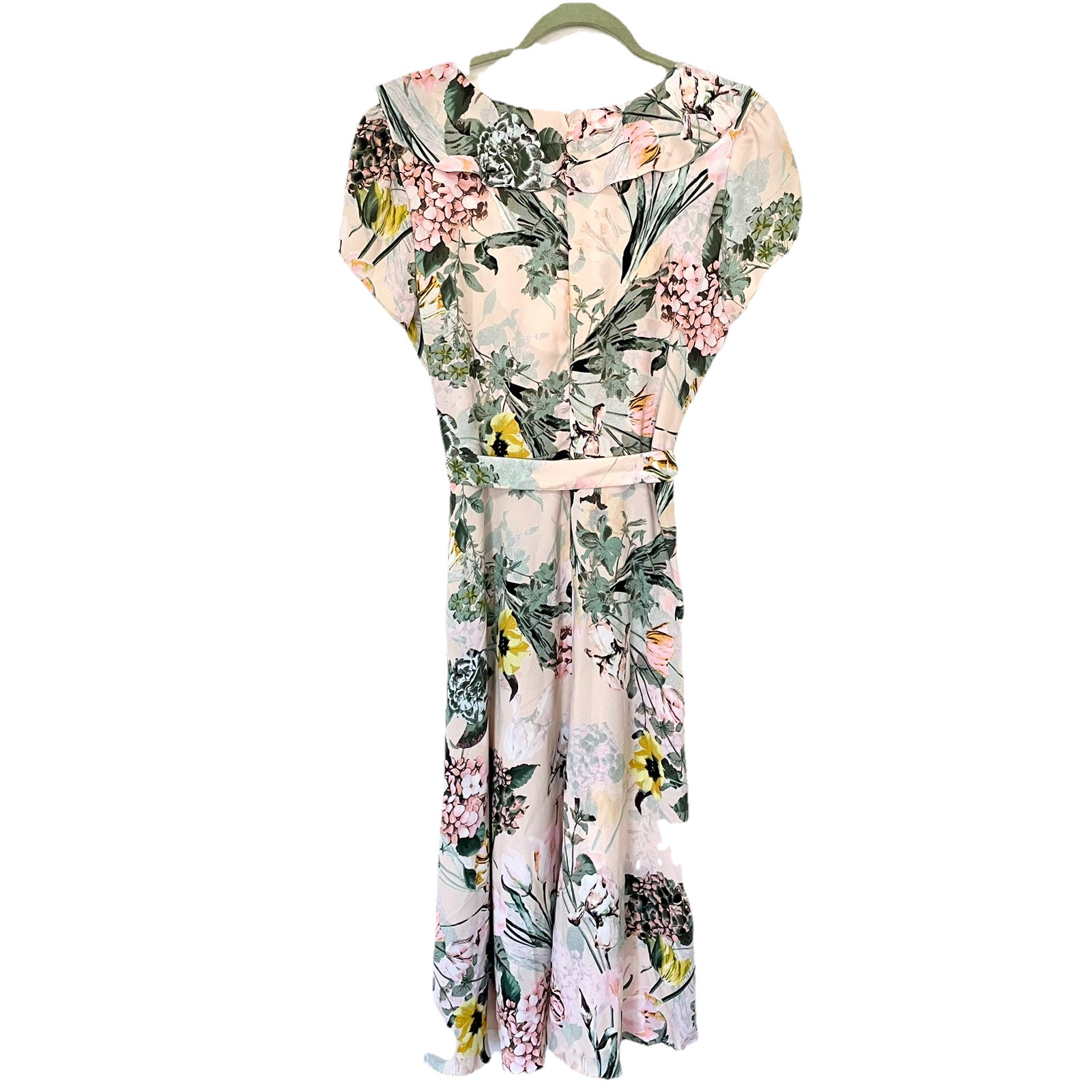 DN Design Dress 14 Ruffle V Neck 90s Floral Blush Hi Low Cottage Garden Feminine