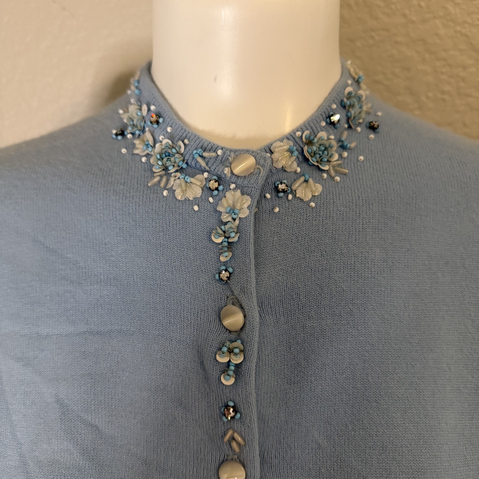 Baby blue beaded 50’s cardigan button up cardigan size XS