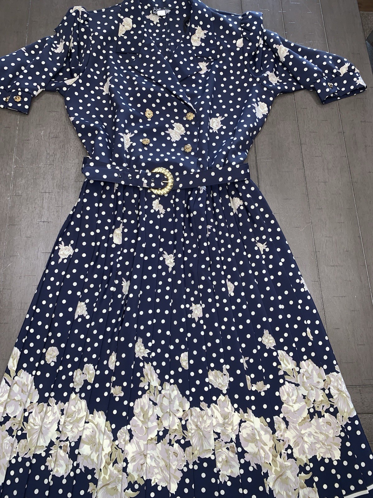 B7 80s SZ 12 BRELI ORIGINALS SILKY BELTED DRESS NAVY FLORAL PAD SHOULDER PLEATED