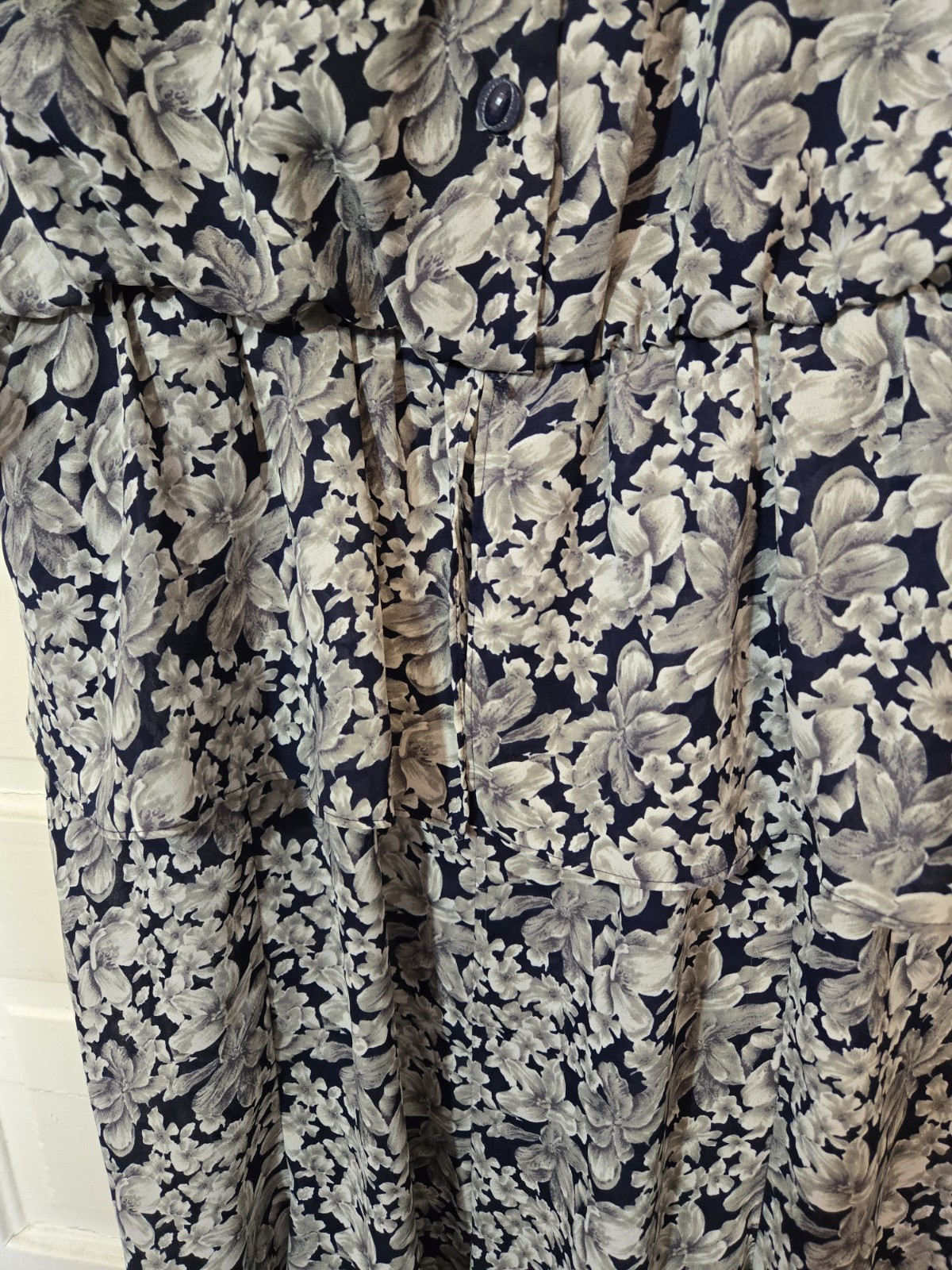 Vtg 90s Liz Robert’s Dress 18WP White Black Floral Boat Collar 3/4 Cuff Sleeves