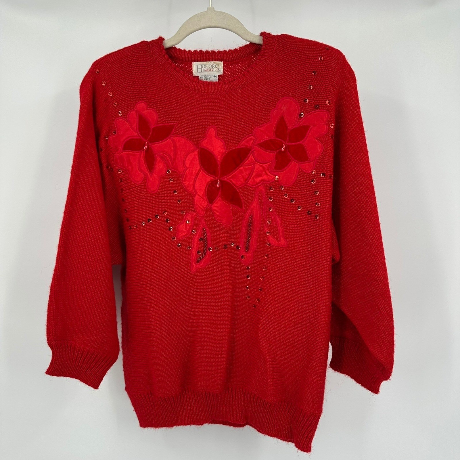 Womens Vintage Sequin Floral Grandma Sweater Size M Red Holiday Twee Festive 90s