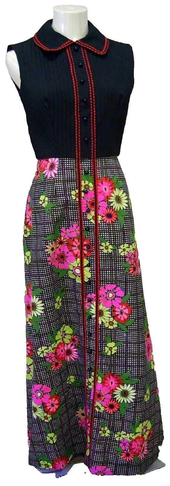 VINTAGE 1970s Pintuck Leisure Maxi Floral SUNDRESS Hostess Dress Black Multi 7/8
