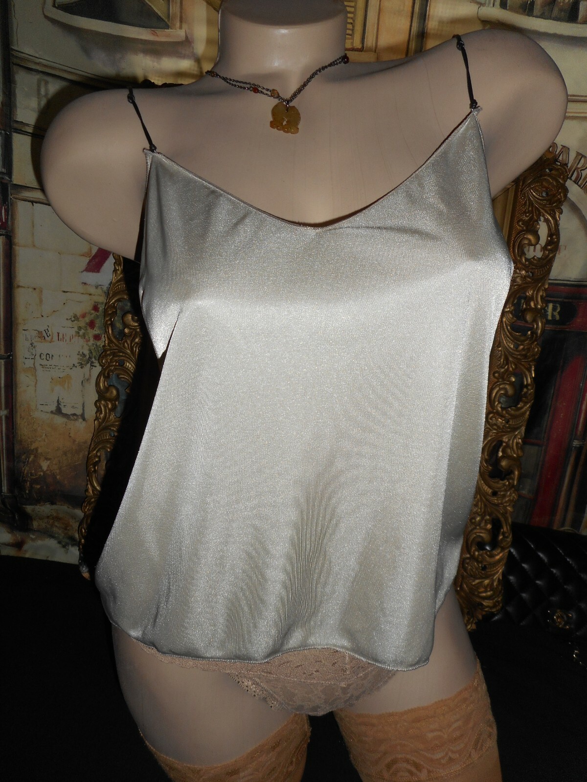 M S Henri Bendel Silky Cami Blouse Top Leather String Straps Taupe Grey USA