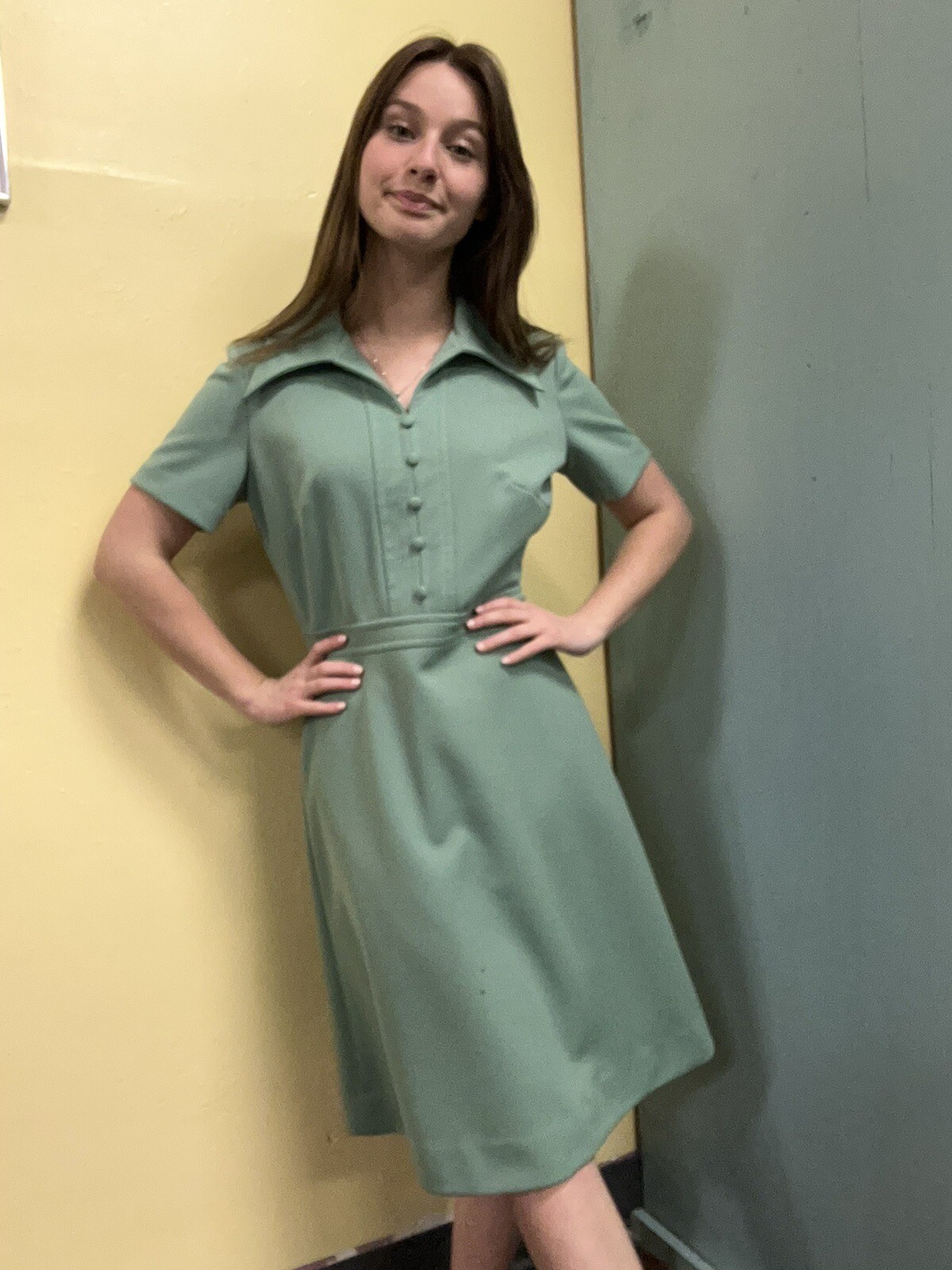 Vintage 70s Jerrie Lurrie Green Polyester Dress S