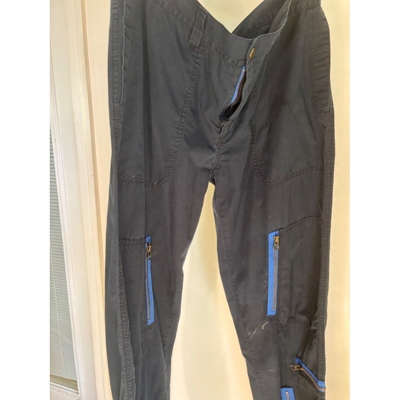 Vintage Ralph Lauren utility cargo pants with striking cobalt blue zipper accent