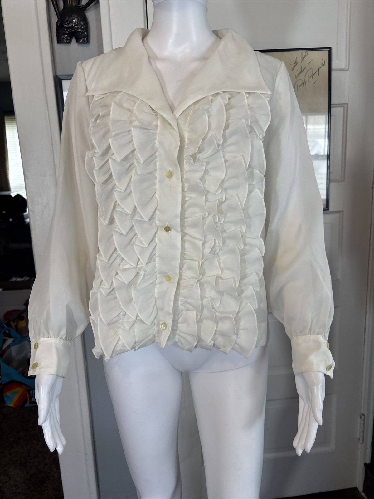 VTG 70s Women’s White Cropped Ruffle Shirt ALADDIN 36/16 Longsleeve Button Sheer