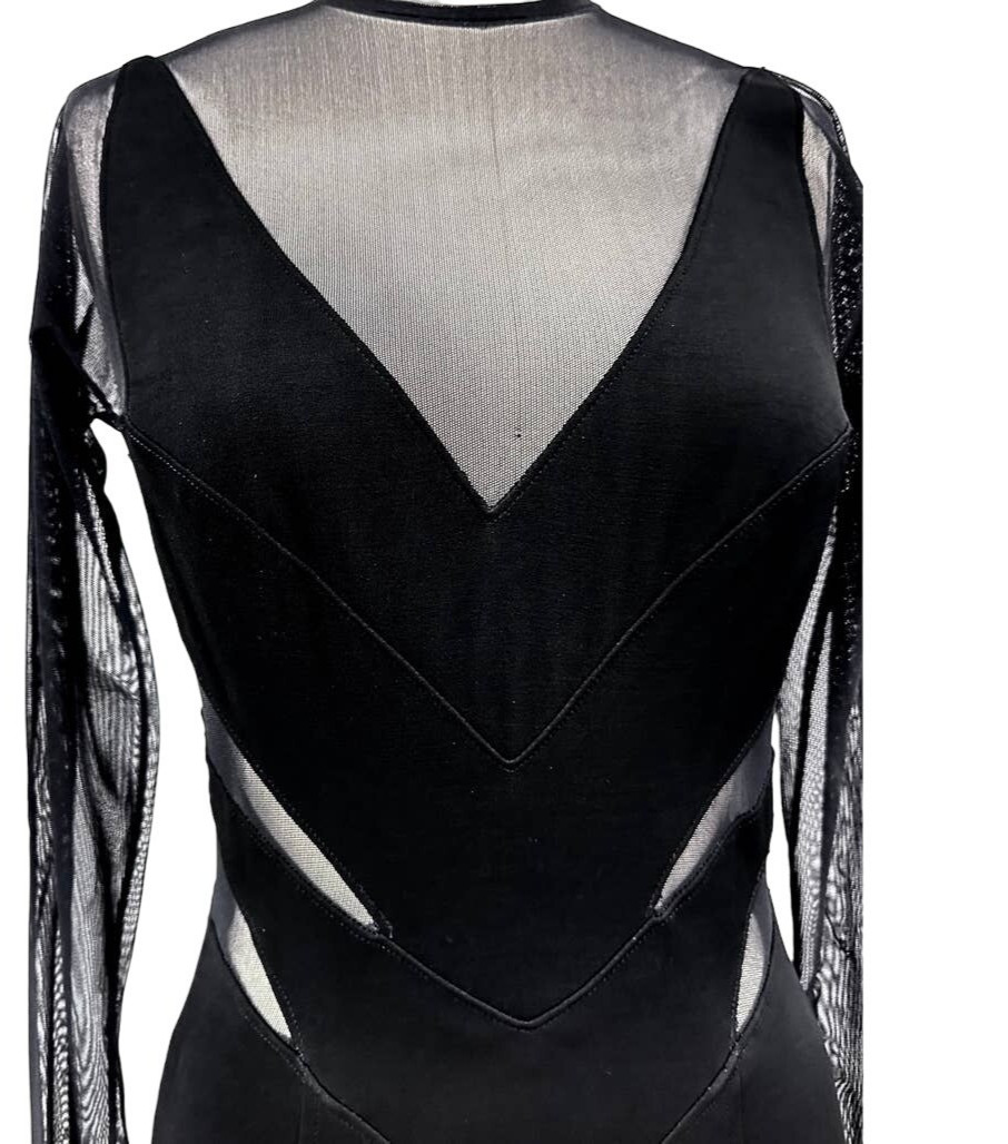 Tadashi VTG 1980s Long Black Evening Dress Sheer Cutouts Mob Wife Disco Glam M