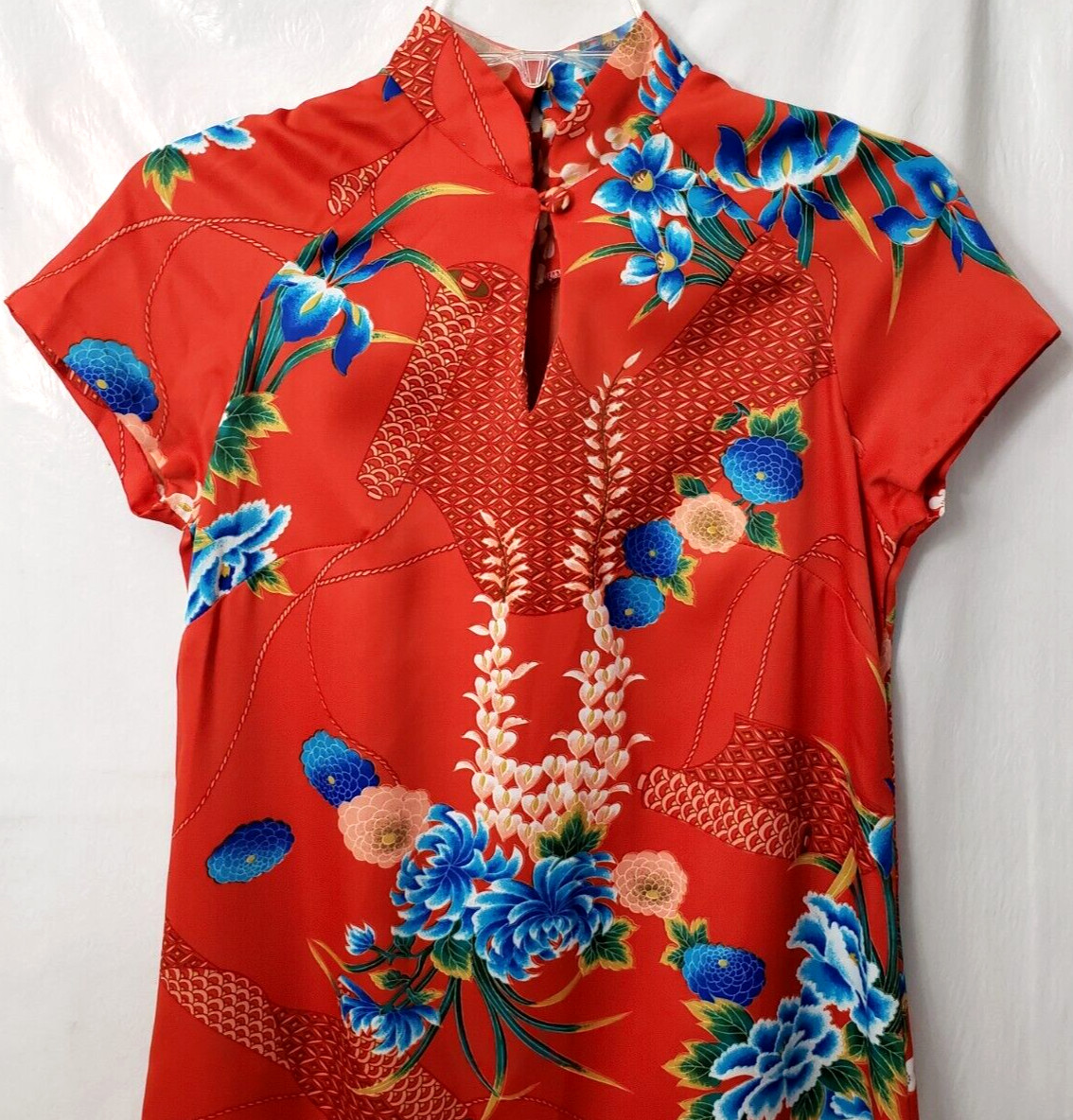 Hilo Hattie Hawaiian Dress 6 Maxi Asian Mandarin Collar Floral Red Vintage 70s