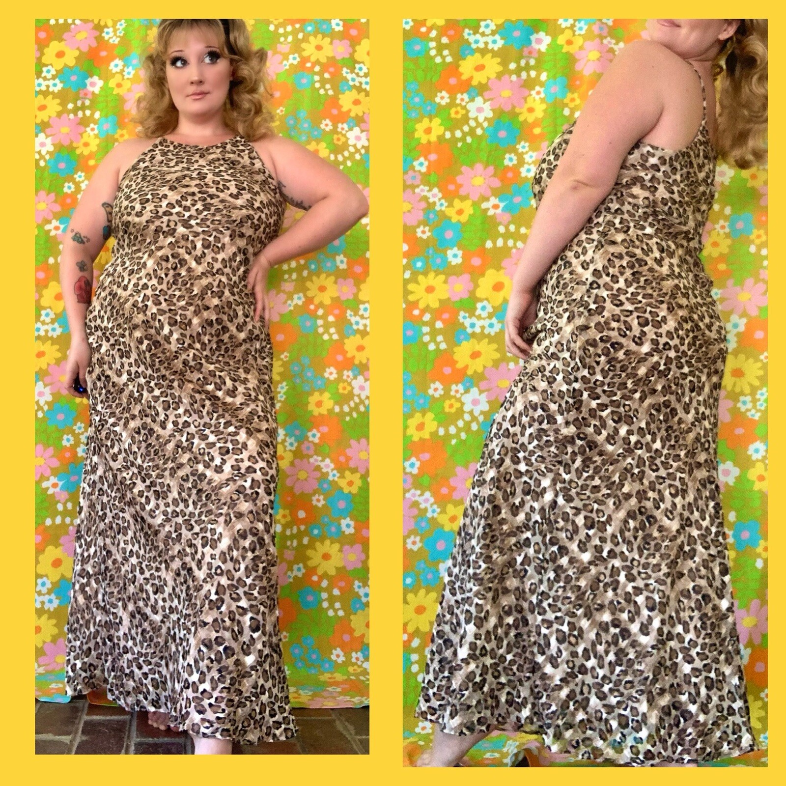 Vintage 1990s glamorous cheetah print maxi dress size L/XL
