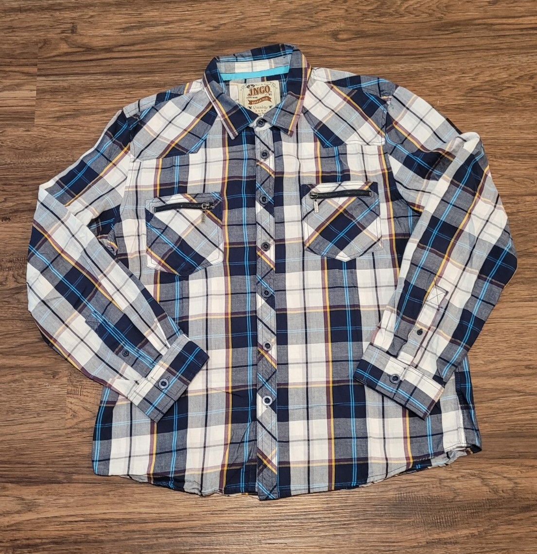 Vintage JNCO Shirt Womens size XXL Blue White Tartan Plaid Button Up Casual