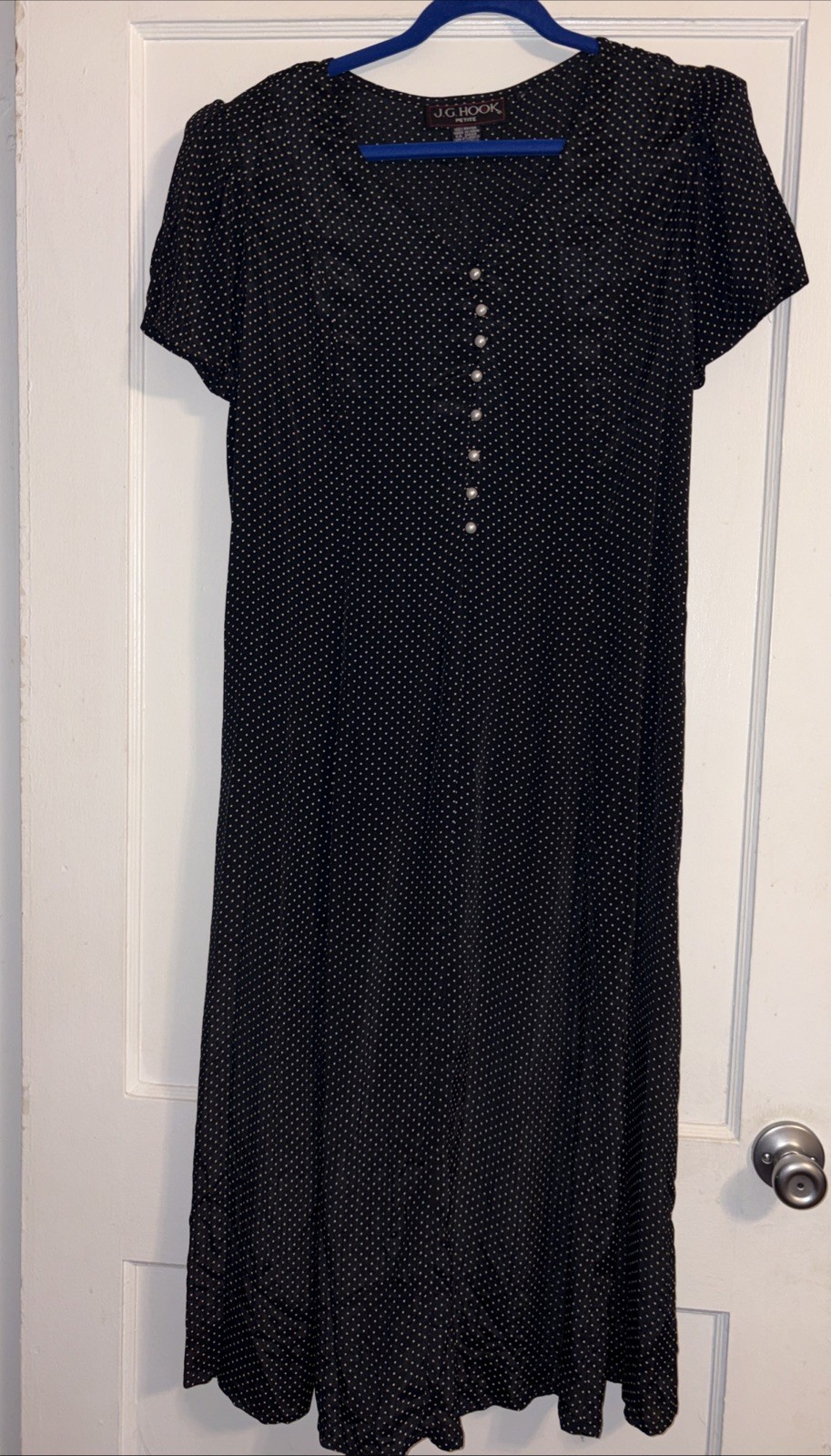 VTG JG Hook Navy Polka Dot Petite Large Pearl Button Front Maxi Dress Tie Back