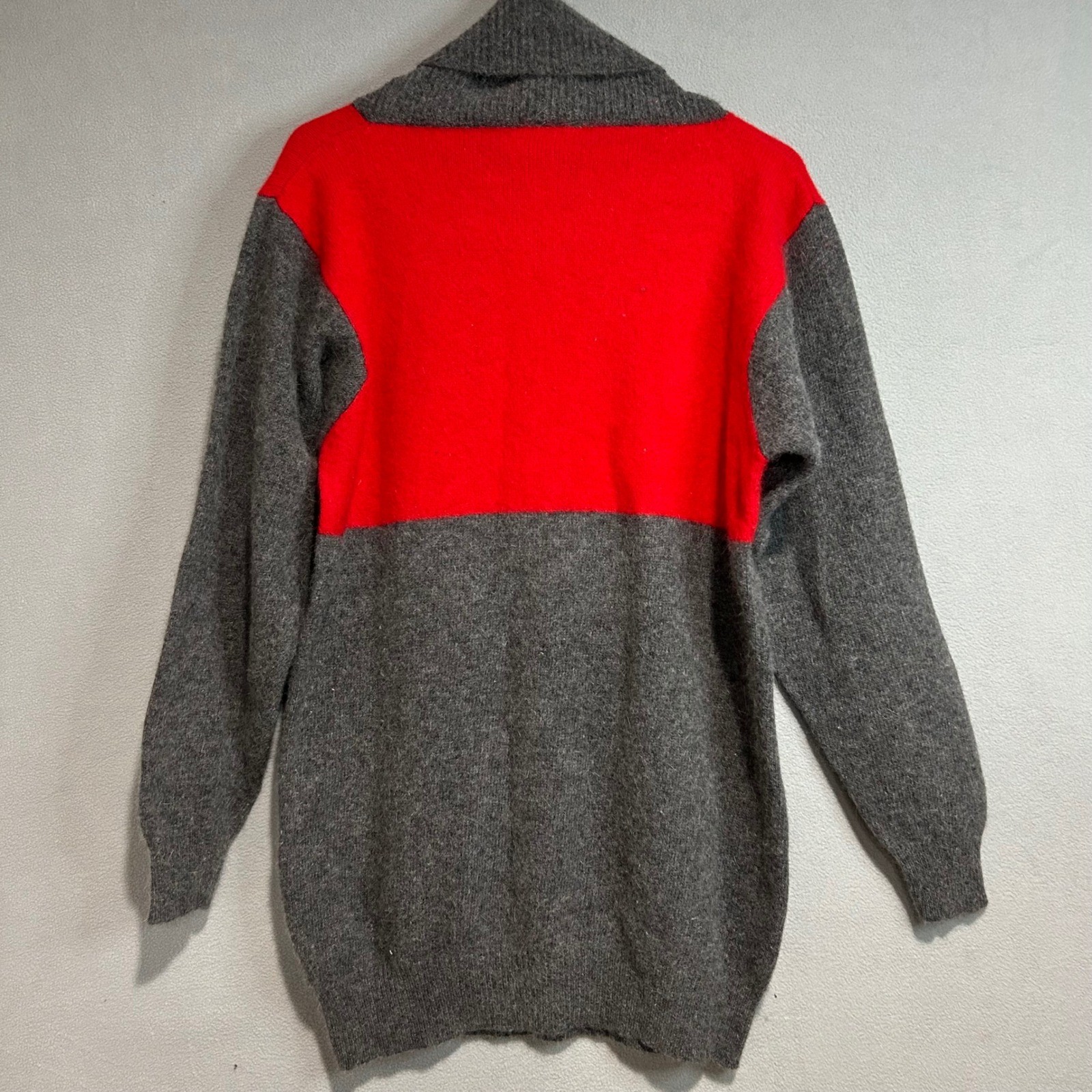 Vtg Lambswool Angora Tunic Sweater Women L Gray Red Colorblock Cowl Neck Fuzzy