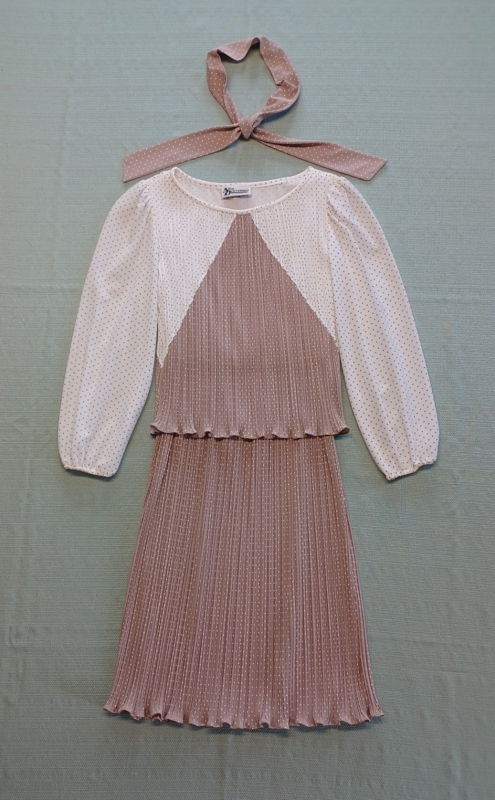 Vtg New Discoveries Union Pleated Colorblock Plisse Dress Beige/White Polka-dots