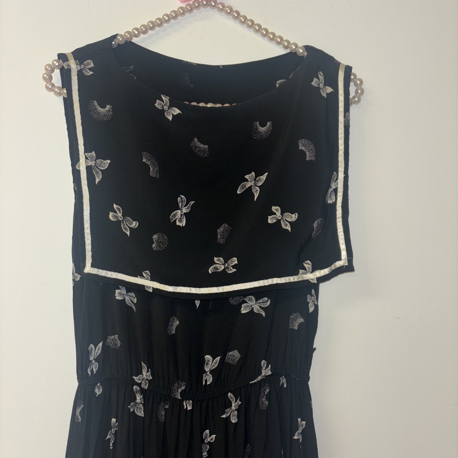 VTG Bow Dress Sz 8-10 Preppy 90s Y2K Neck Collar Bows Fit N Flare Stretchy Black