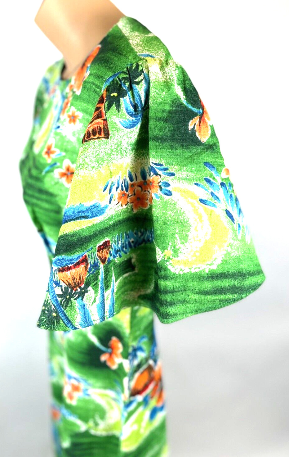 Vintage Hawaiian Dress Size 12 Large Tropical Green Floral Maxi Barkcloth
