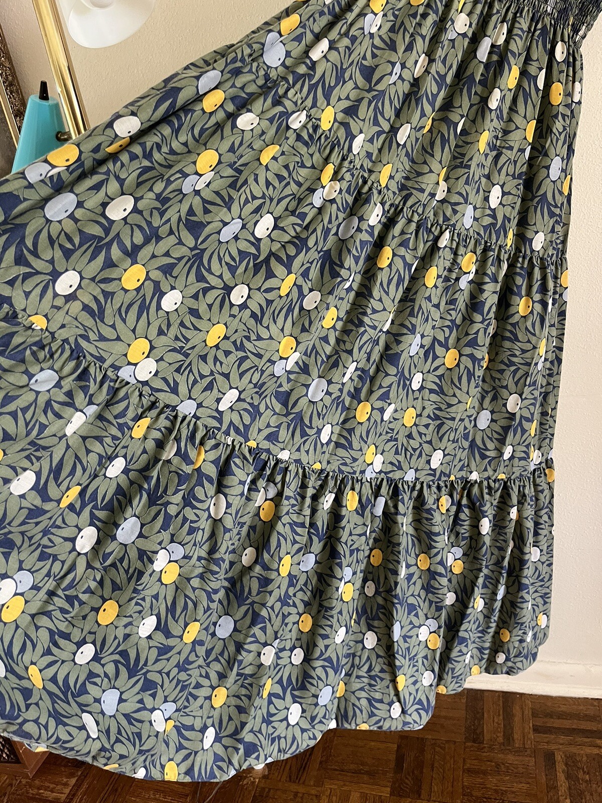 1970s Olive Print Smocked Maxi Dress Cotton Blend Hostess Resort Sundress OS VTG