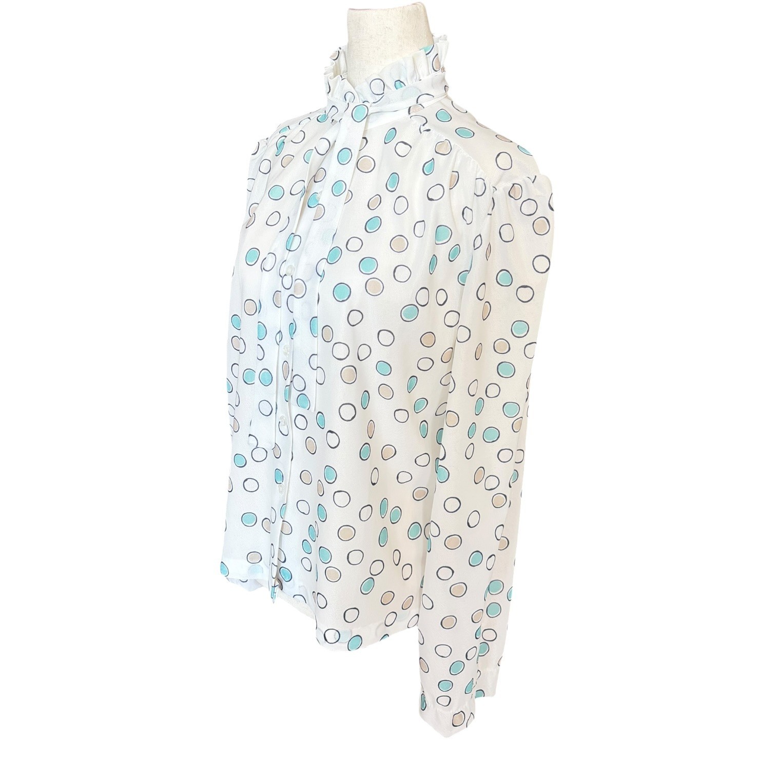 Vintage 80s Cape Cod Abstract Polka Dot Tie Neck Pussy Bow Secretary Blouse M/L