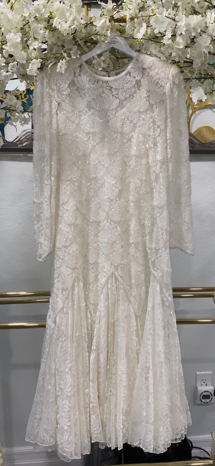 Vintage BRILLIANTE by J.A. White Beaded Wedding Dress Pearls Lace Size XL