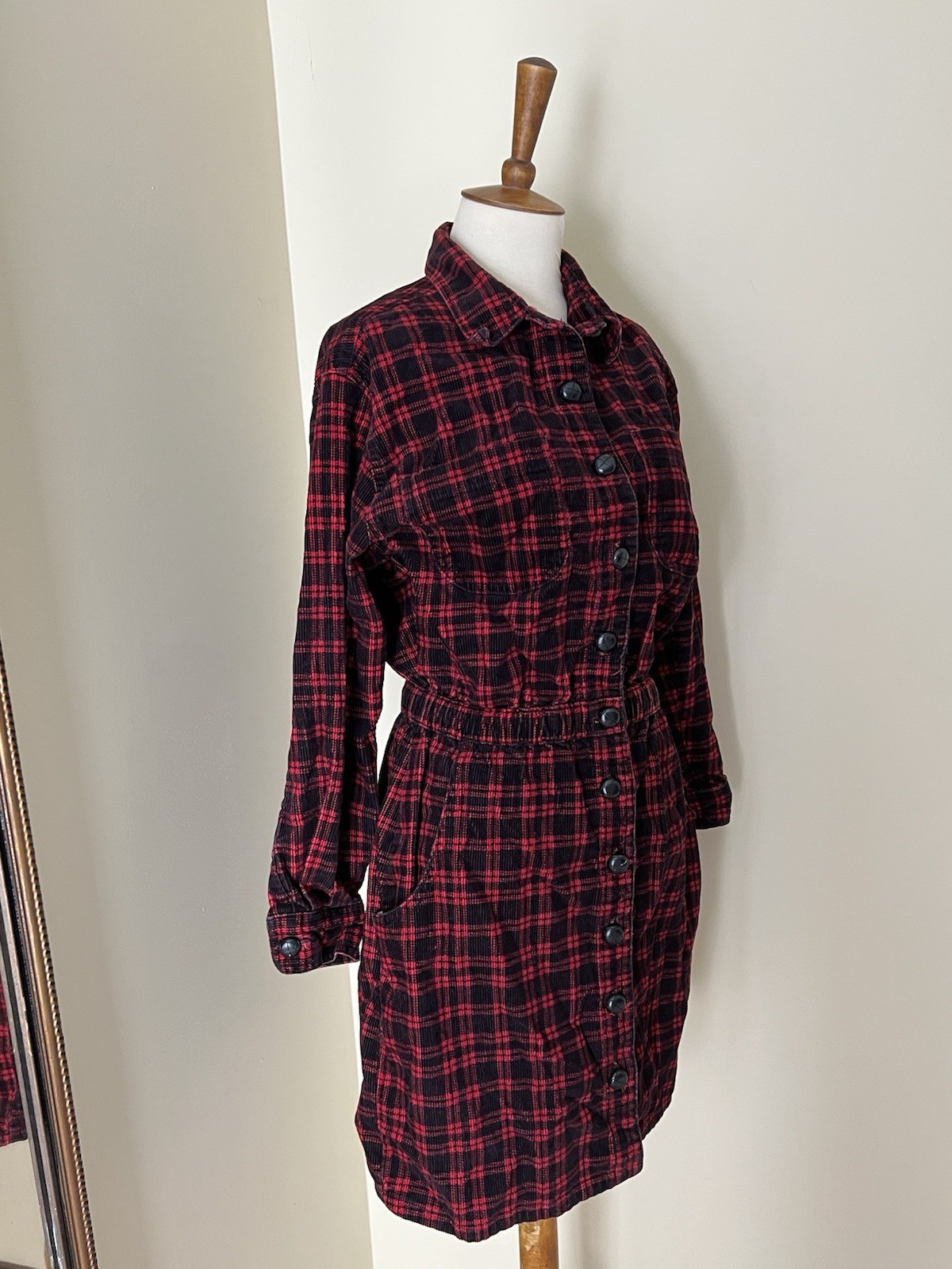 FADS Vintage Corduroy Plaid Dress – 100% Cotton, Elastic Waist, Grunge 90s Style