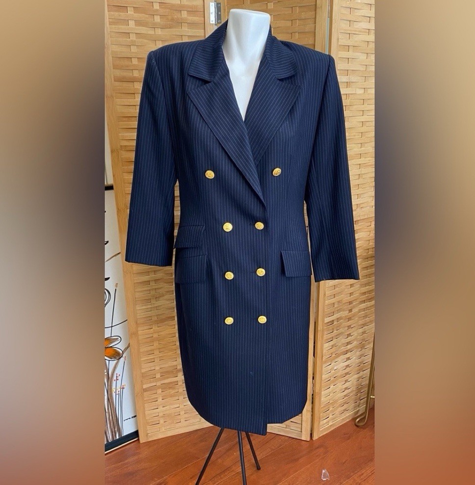 Vintage Celine Wool Pinstripe Double Breasted Coat Dress Removable Collar