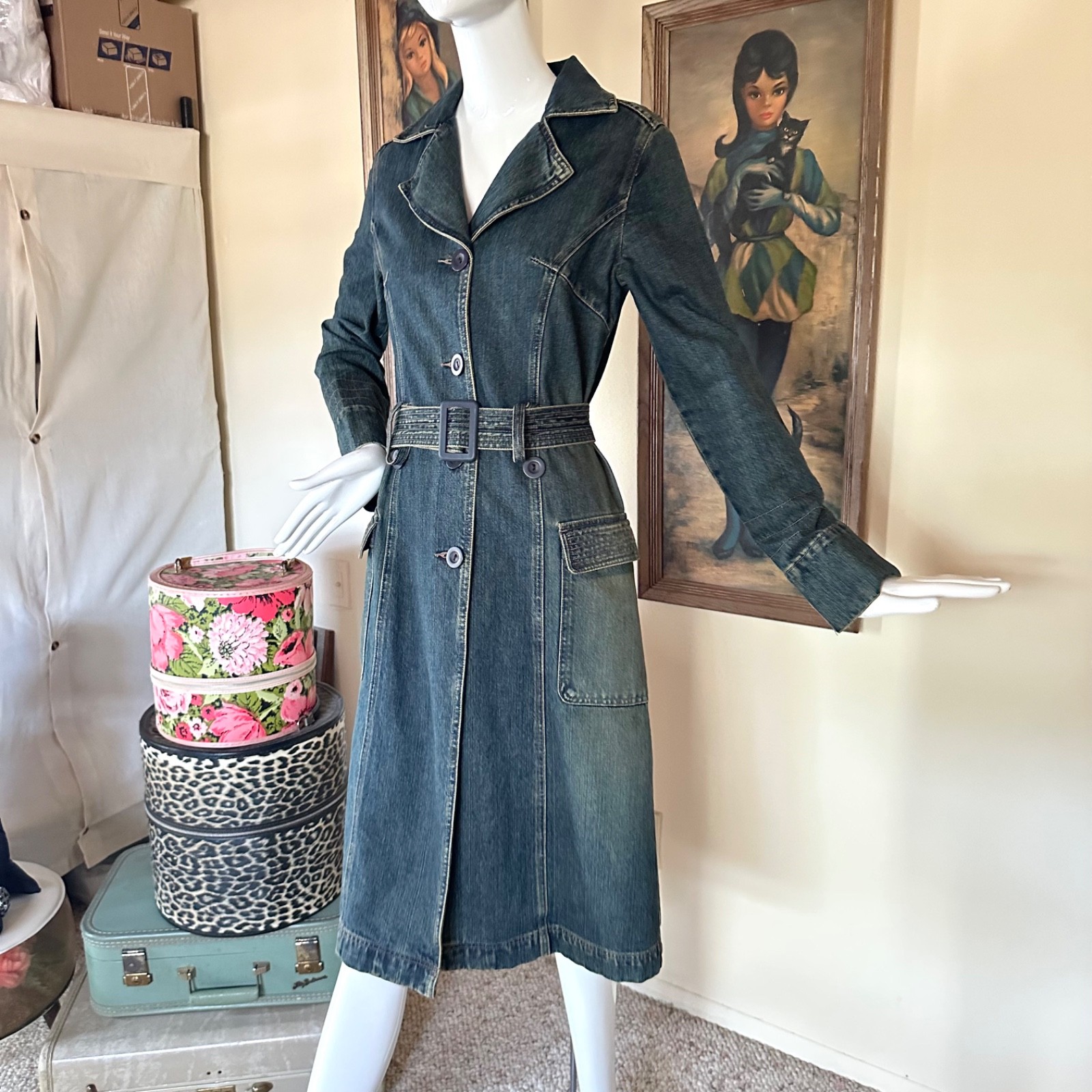 Vintage 90s Denim Trench Coat Grunge Spy Girl S
