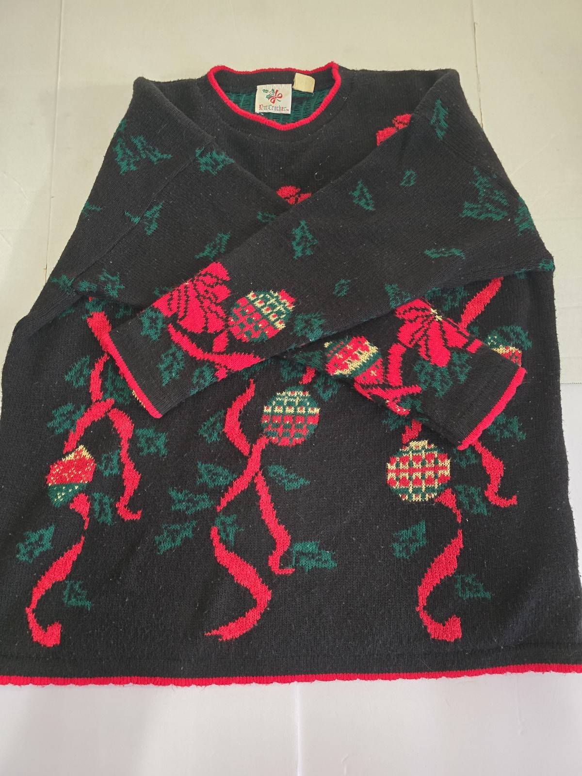 Vintage Nutcracker XL Holiday Sweater Bows Holly Ornament Grannycore