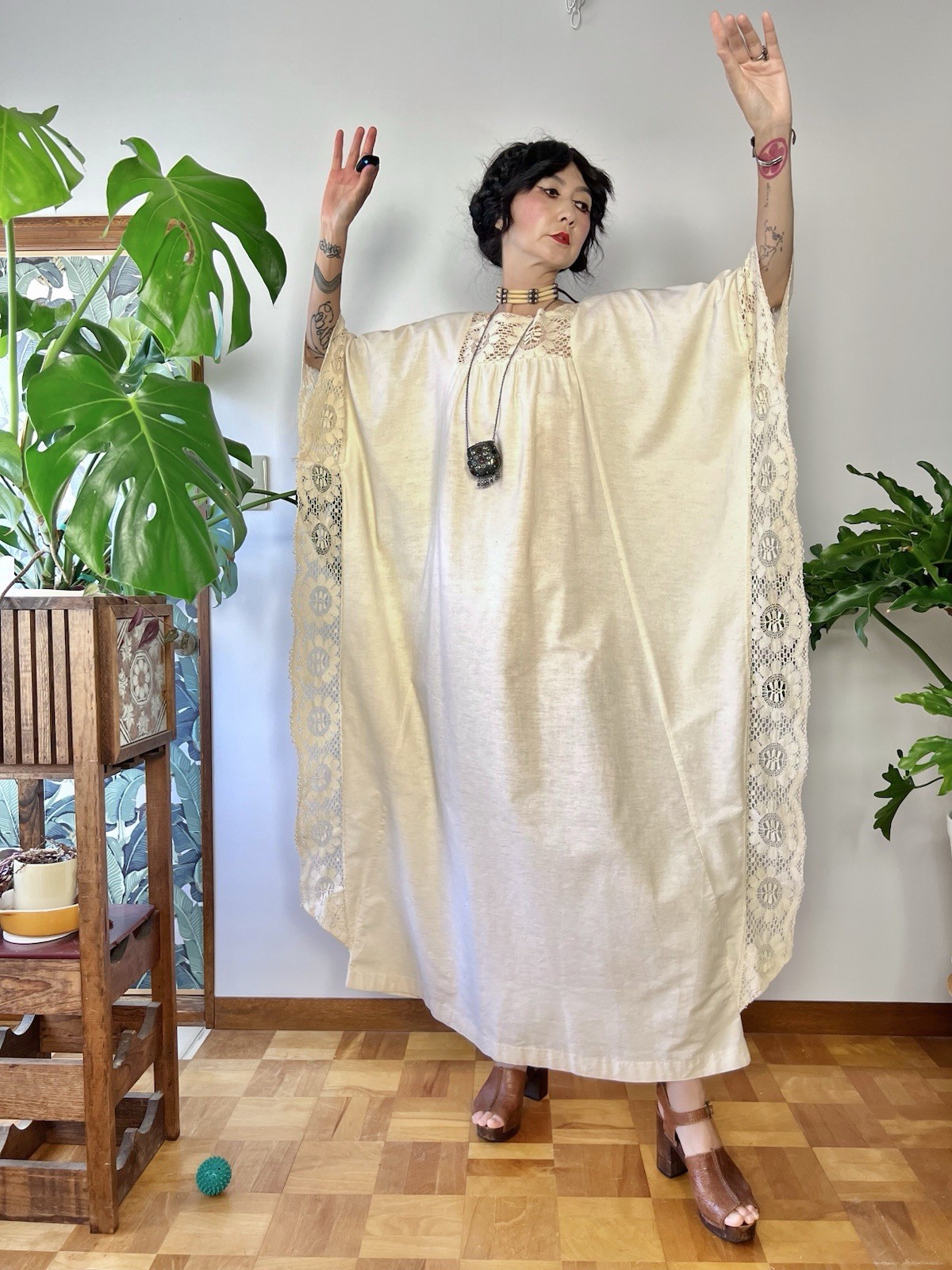 1970s Miss K by Alfred Shaheen Crochet Lace Caftan Dress Boho Cotton Maxi Kaftan