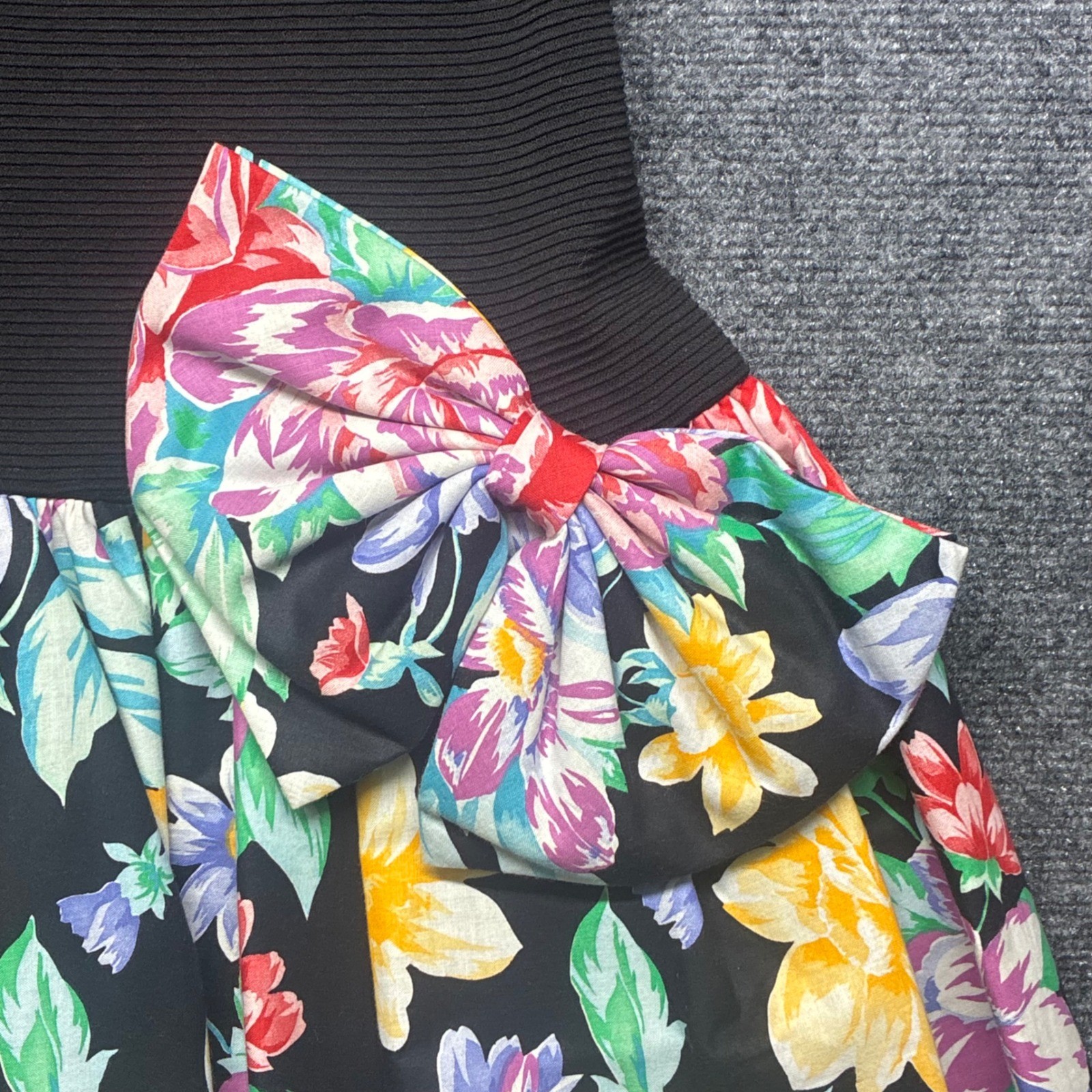 Vintage 80s Huey Waltzer for Darcy Floral Bow Drop Waist Dress 7/8 Mock Neck