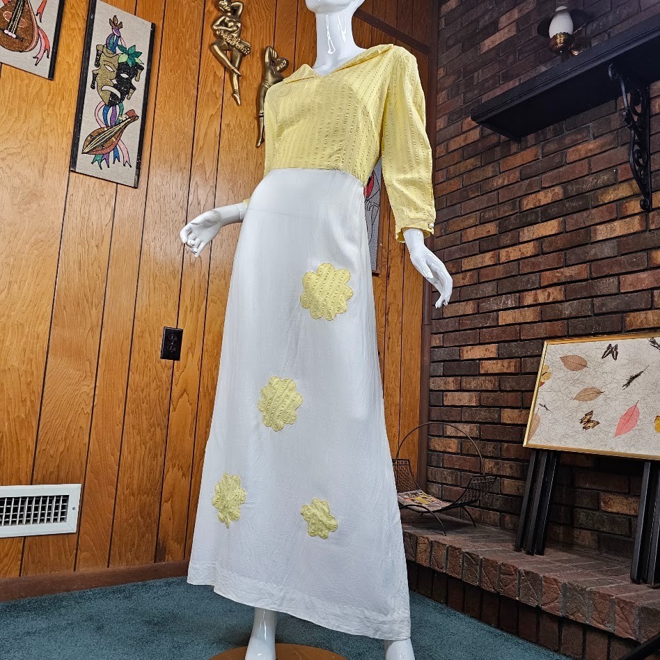 Vtg 60s Mod Hippie Seersucker Clouds Novelty Sunny Yellow Sheer Maxi Dress M/L