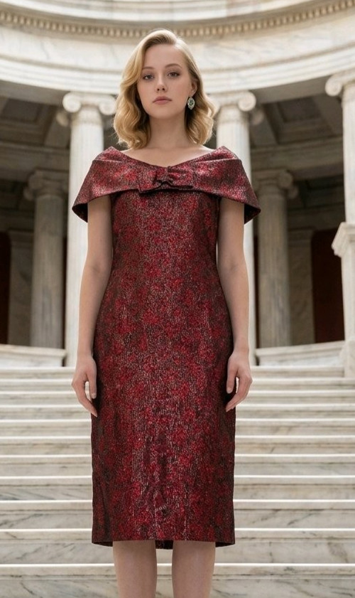 Vintage 60’s Sheath Cocktail Dress Red Gold Metallic Bow Elegant Luxury Glam S/M