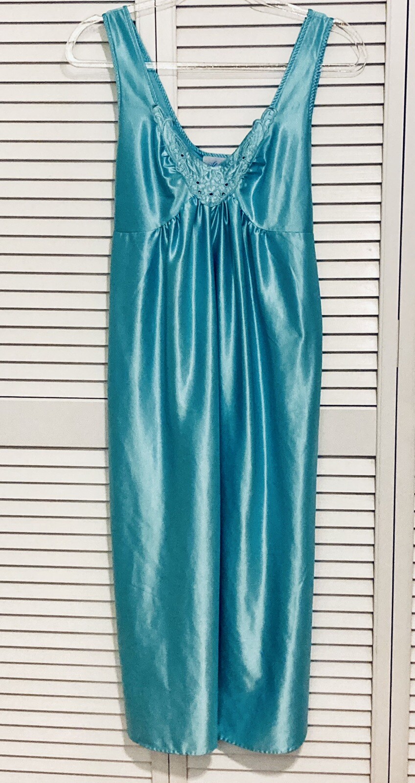 Vintage Rare Teal Stardust V-Neck Night Gown Tie Back Split Hem Lingerie Med