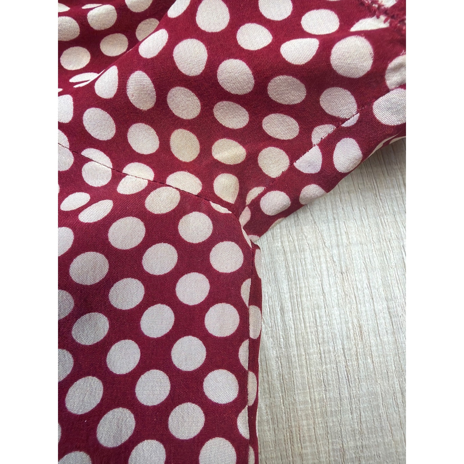 Betsey Johnson Vintage Silk Polka Dot Smocked Puff Sleeve Dress Burgundy Size 6