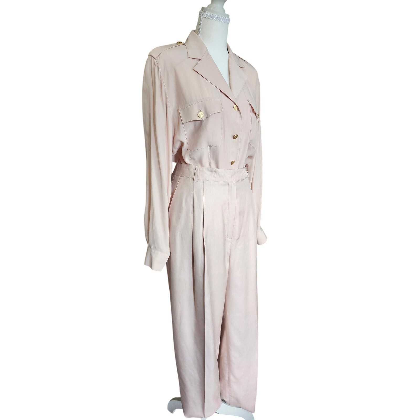 Vintage Starington 100% Silk 2 Pc Blush Pink Set Straight Leg Pants Blouse 10 12