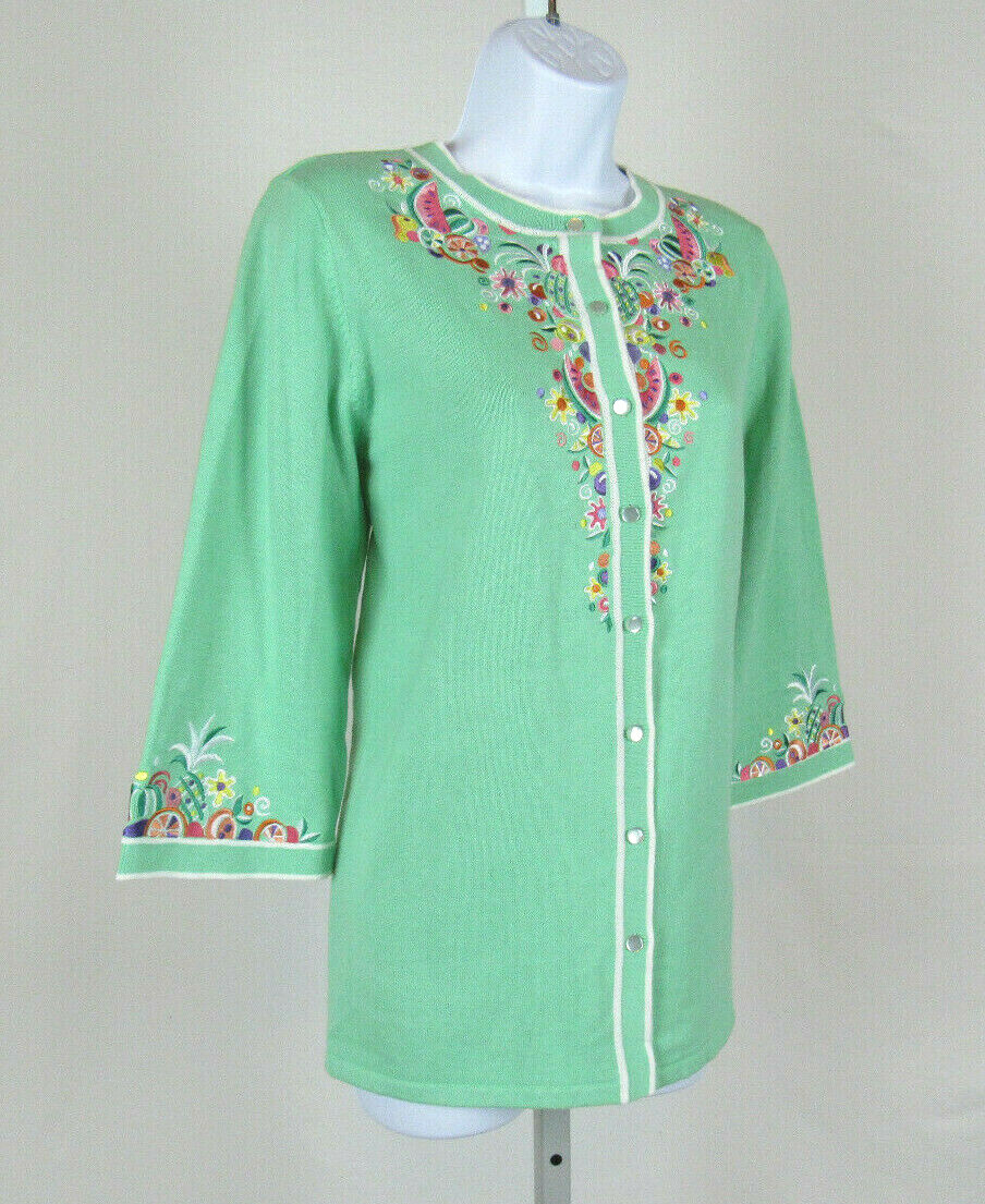 VTG 1990s BOB MACKIE WEARABLE ART MED TOP EMBROIDERY FRUIT FLOWER COTTON ACRYLIC