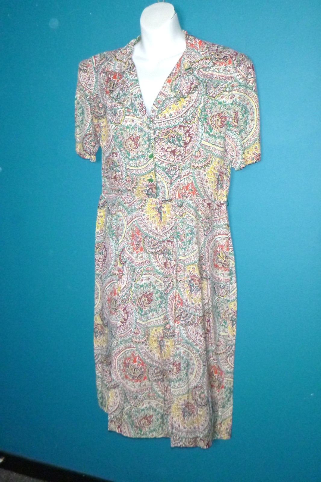 Vtg 40s 50s Georgiana Frocks Rayon Dress Paisley Green Red VOLUP Sz XL