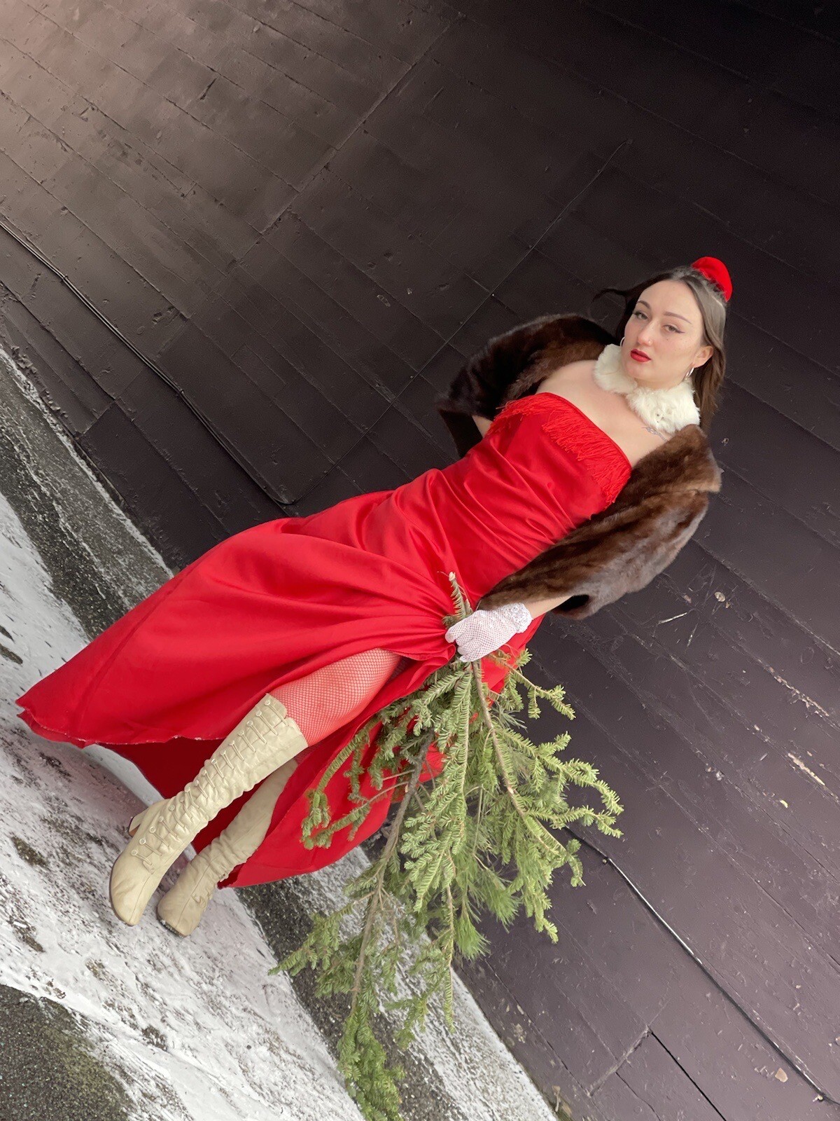 Vintage Costume Gown-Theatrical-red-fringe -medium-Drama-Dress-Strapless-Formal-