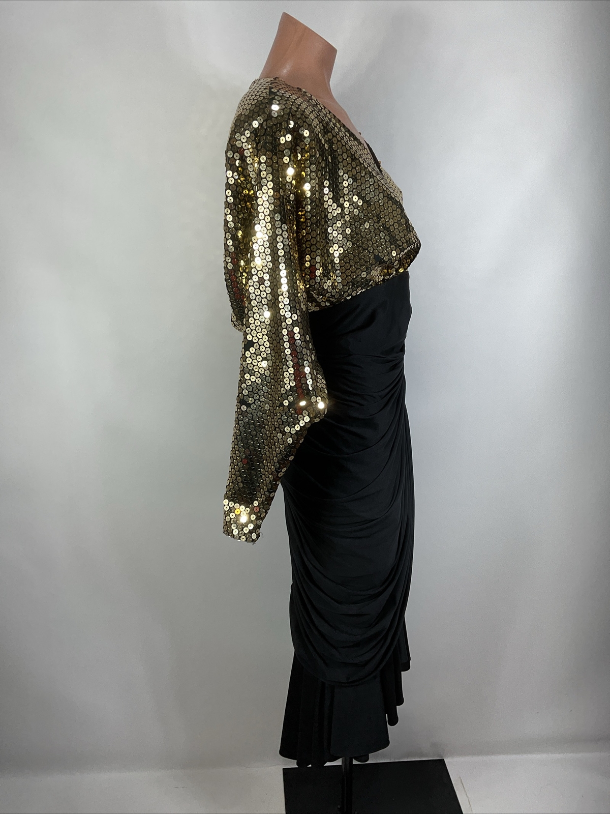 Tadashi VTG Formal Gold Sequin Ruched Draped Cocktail Party Dress Holiday NYE