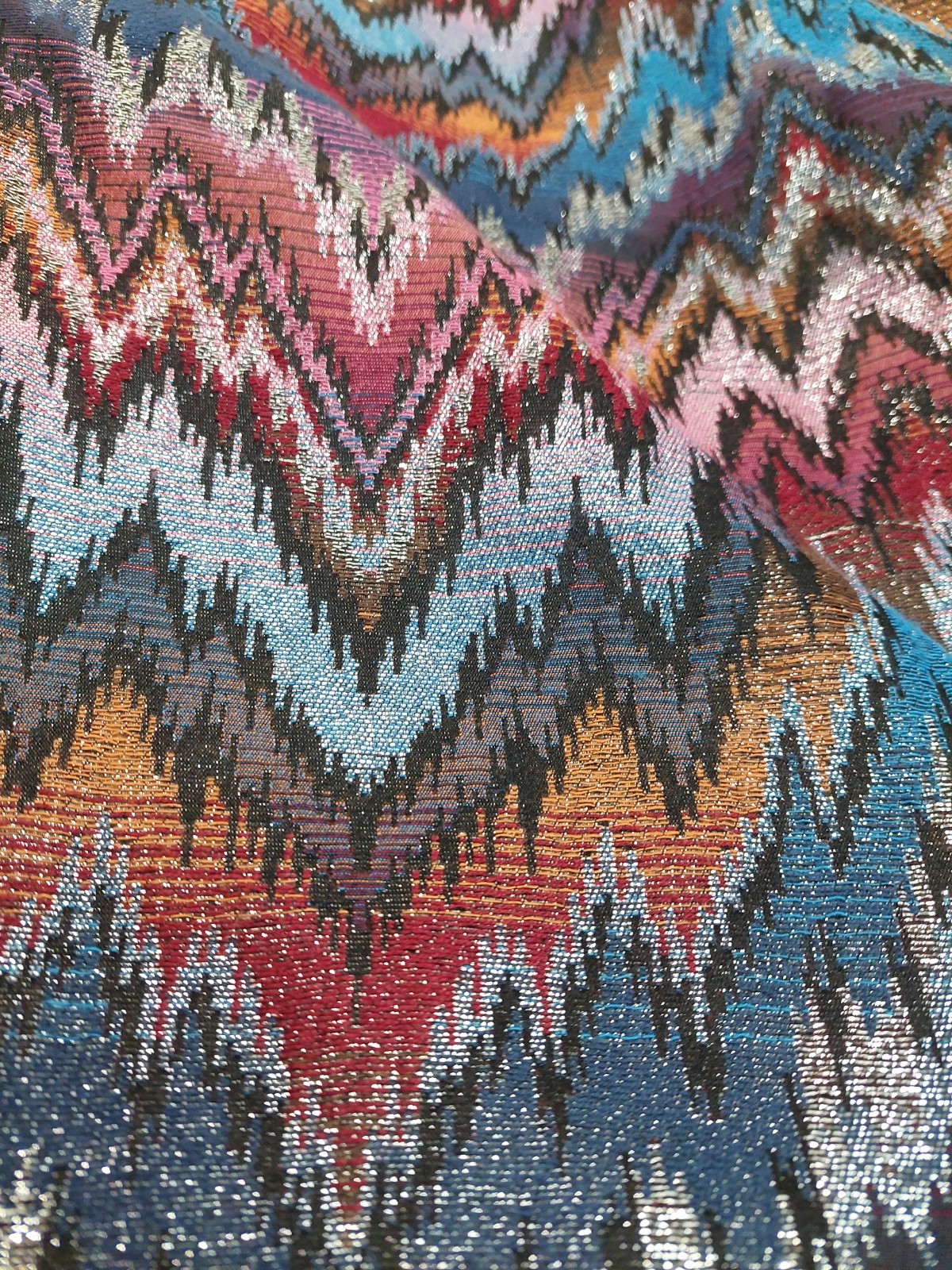 Vintage 80s Metallic Brocade Jacket Womens XS S Cropped Puff Sleeve Ikat Zig Zag