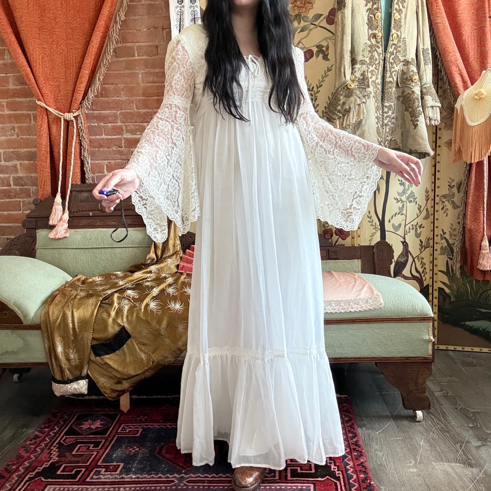 Vtg 70s Candi Jones California White Lace Angel Sleeve Maxi Dress Prairie Boho