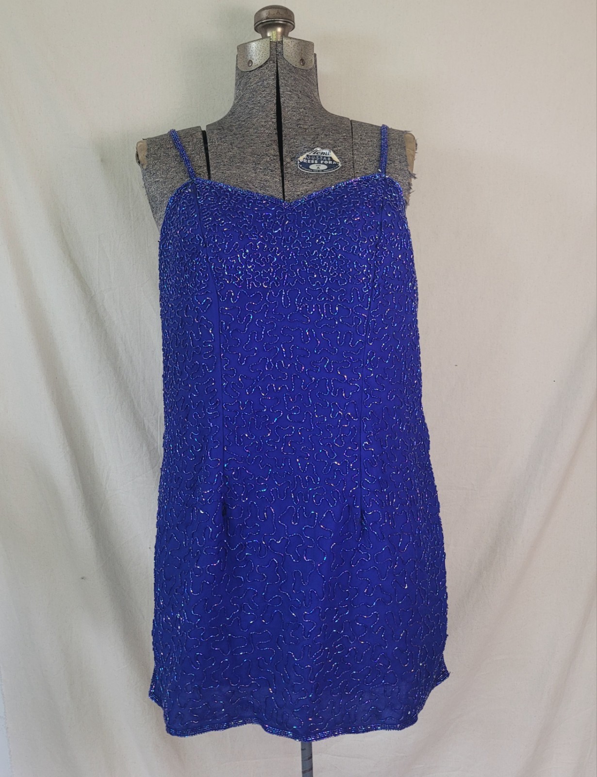 Vintage 70s 80s Silk Cobalt Blue Beaded Plus Tank Top India Fancy Size XL/1XL
