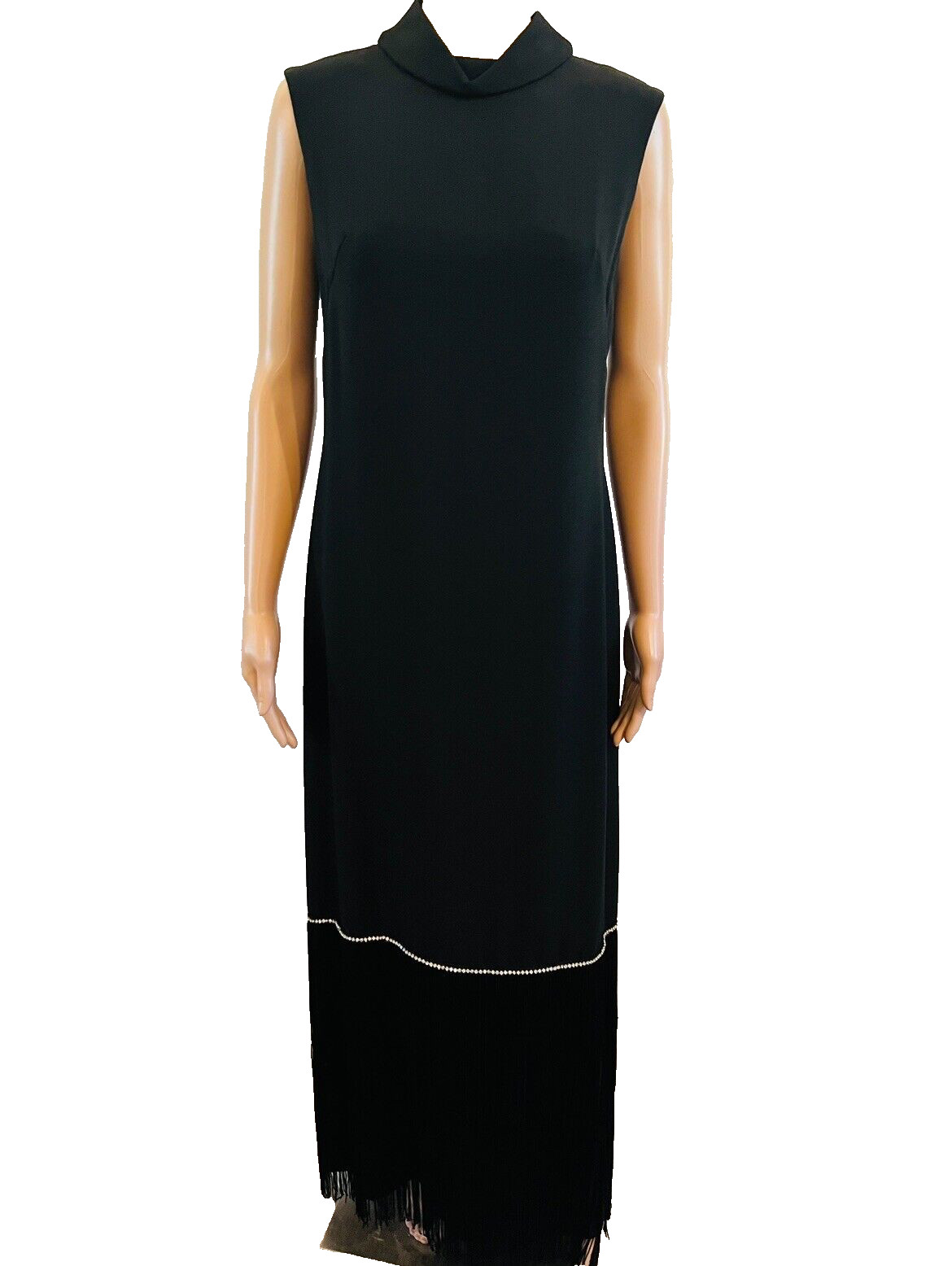 VTG 1960s Pavillon Design Black Evening Gown Maxi Dress Fringe & Rhinestones M*