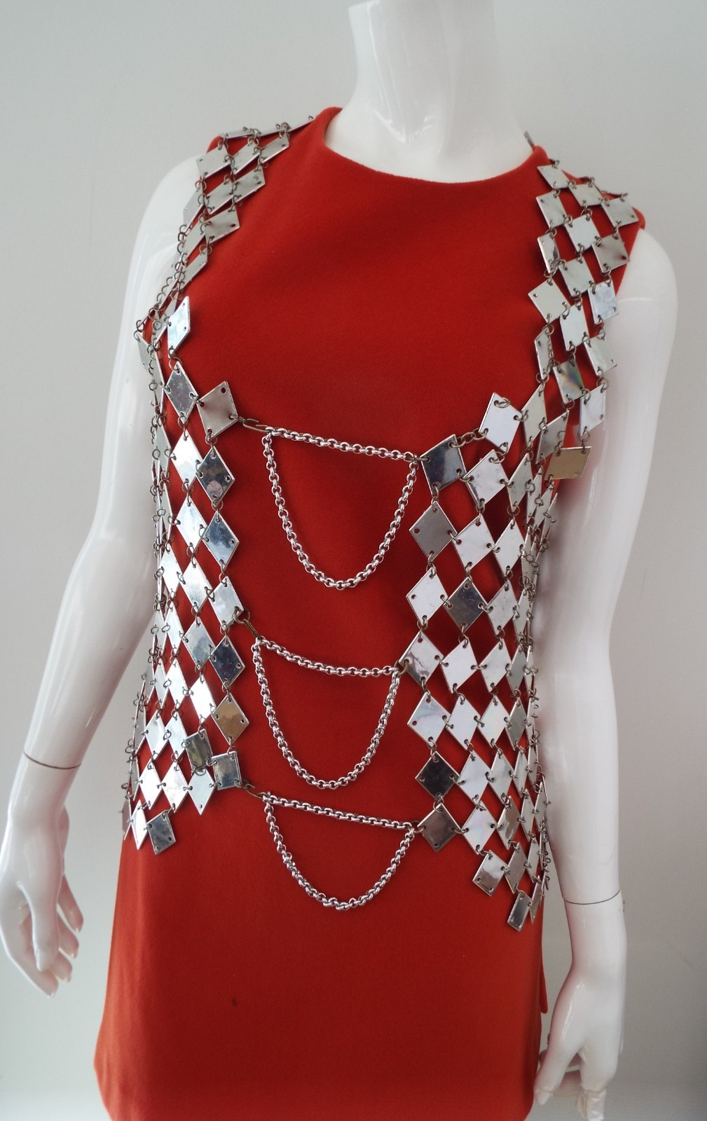 VTG 1960s Silver Tone Chainmail Long Vest Top Mirror Finish Paillette Chain Mail