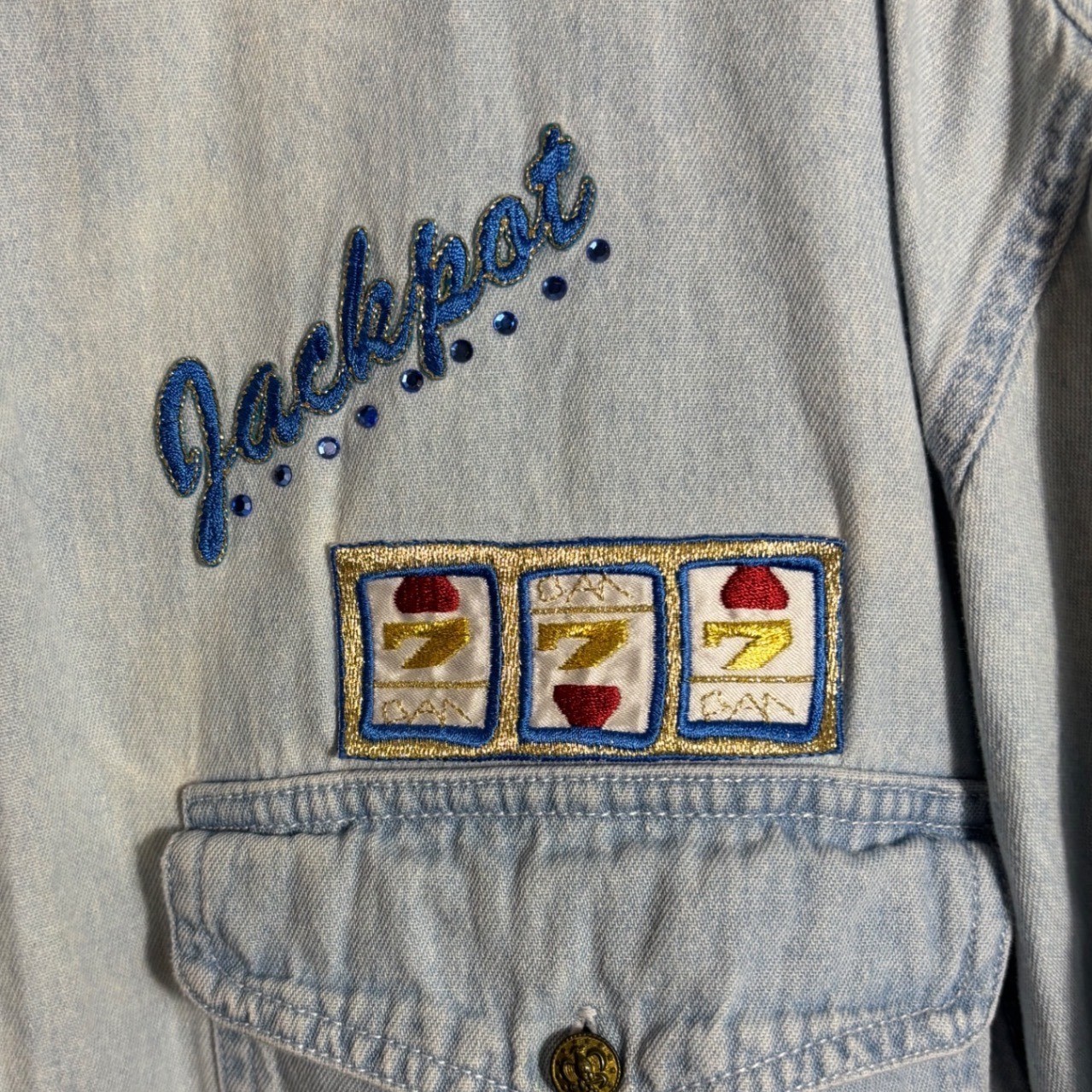 Vintage Tia Designs 'Jackpot’ Slot Machine Embroidered Denim Button Down Size L