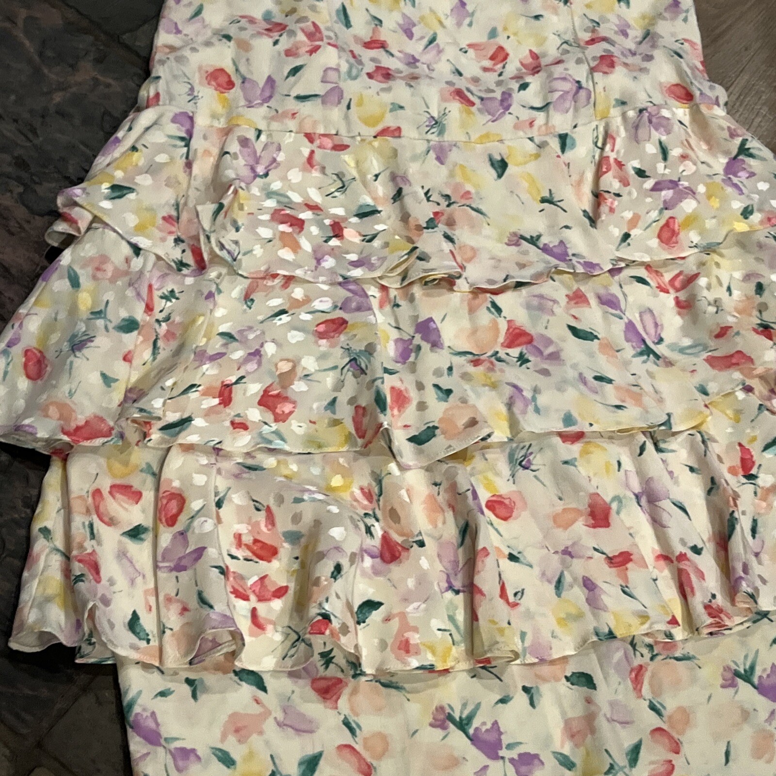 Floral SILK TIERED RUFFLES DRESS WHIMSY Fairy COQUETTE prairie Yellow Pink Sz 14