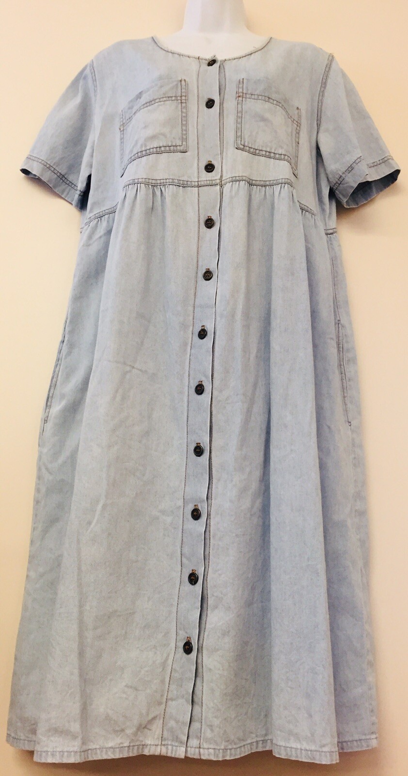 Chambray Short Sleeve Dress Pockets Vintage 1990s Light Blue Button Front M L XL