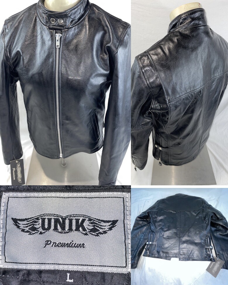 VTG 90S NEW NWT WOMENS L UNIK CAFE RACER BLACK LEATHER MOTORCYCLE BIKER JACKET